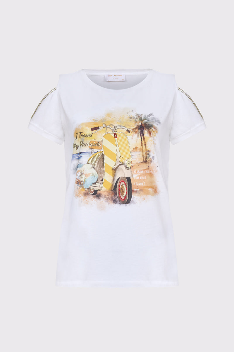 Pure cotton T-shirt with front print and shoulder detail (half-sleeve)