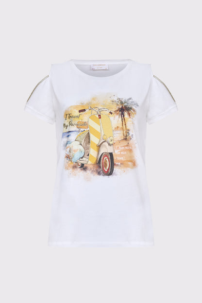 Pure cotton T-shirt with front print and shoulder detail (half-sleeve)