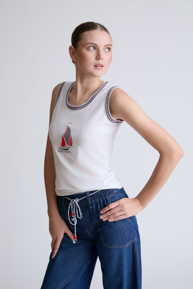 Tanktop aus Baumwolle-Modal mit maritimem Print