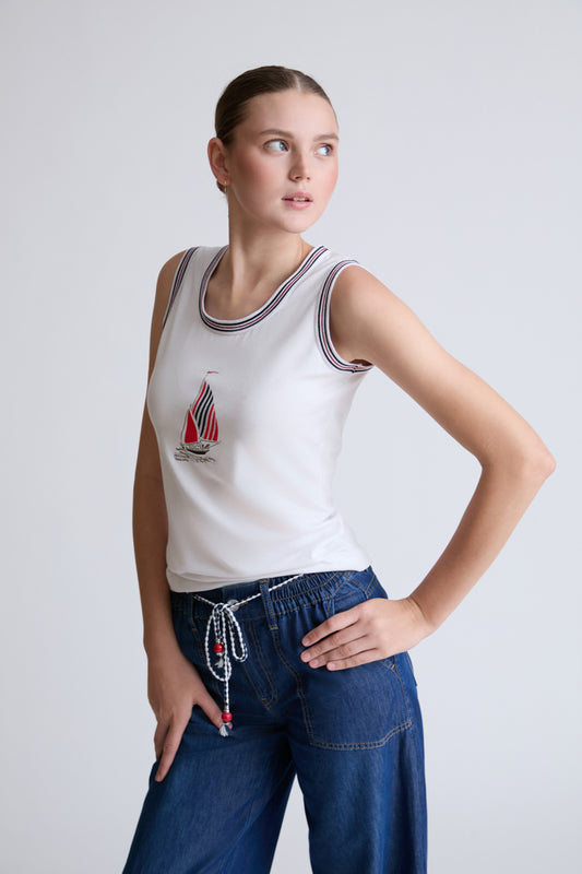 Tanktop aus Baumwolle-Modal mit maritimem Print