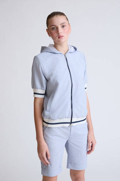 Hooded sweatshirt in cotton-polyester blend with 1/2-length sleeves