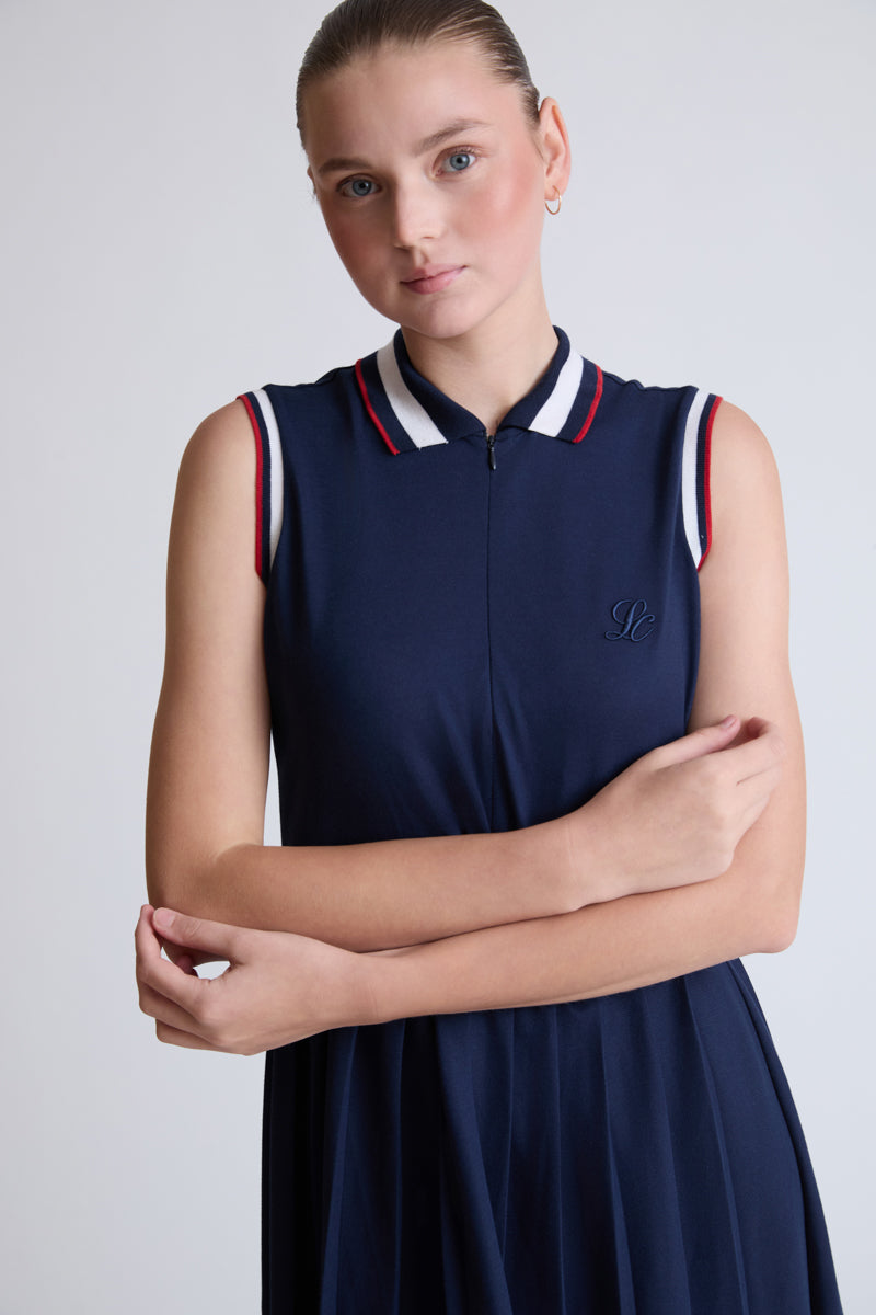 Cotton-elastane polo dress with zip and pleated skirt