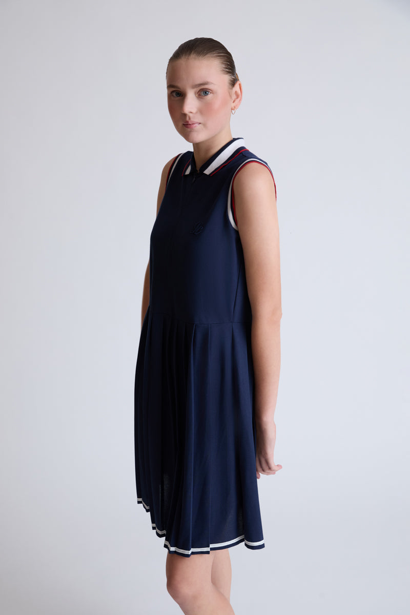 Cotton-elastane polo dress with zip and pleated skirt