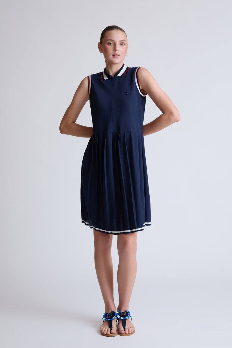 Cotton-elastane polo dress with zip and pleated skirt