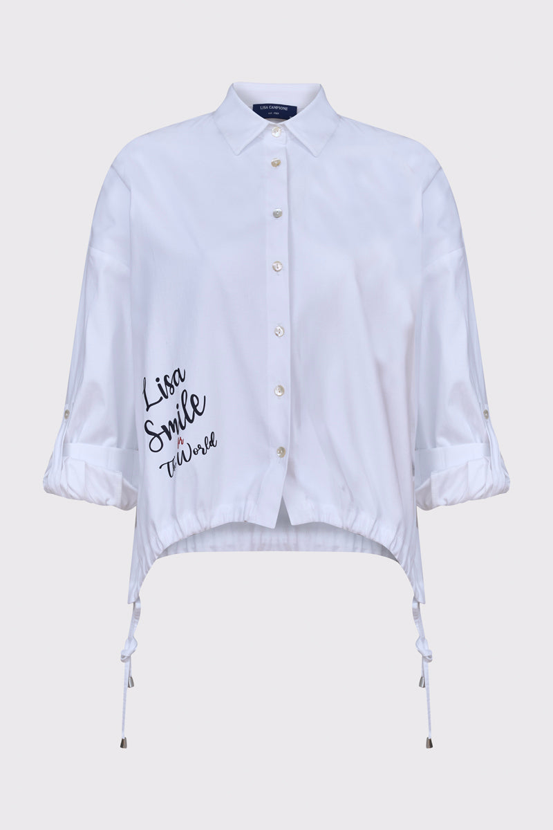 Cotton-Lycra blouse with print details and drawstring hem (1/1 sleeves)