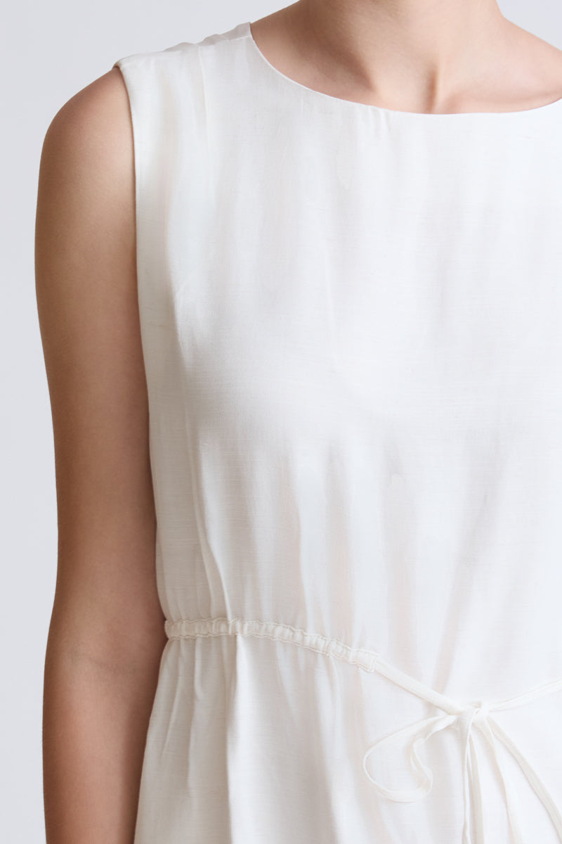 Sleeveless viscose-linen blend dress with drawstring
