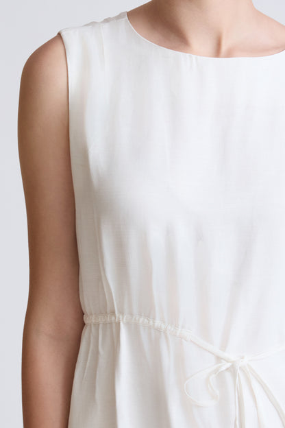 Sleeveless viscose-linen blend dress with drawstring