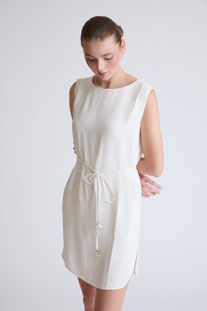 Sleeveless viscose-linen blend dress with drawstring