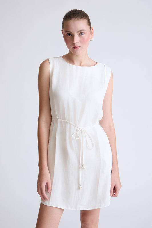 Sleeveless viscose-linen blend dress with drawstring