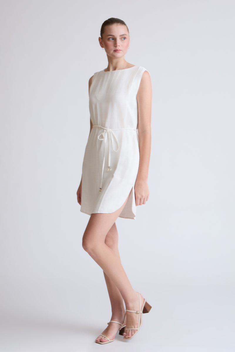 Sleeveless viscose-linen blend dress with drawstring