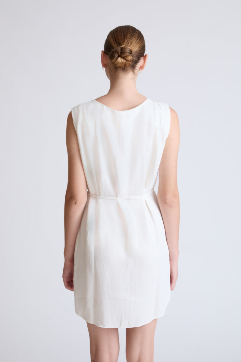 Sleeveless viscose-linen blend dress with drawstring