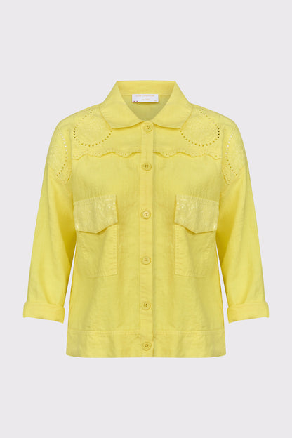 Pure Linen Jacket with Broderie Anglaise and Chest Pockets (Long Sleeves)