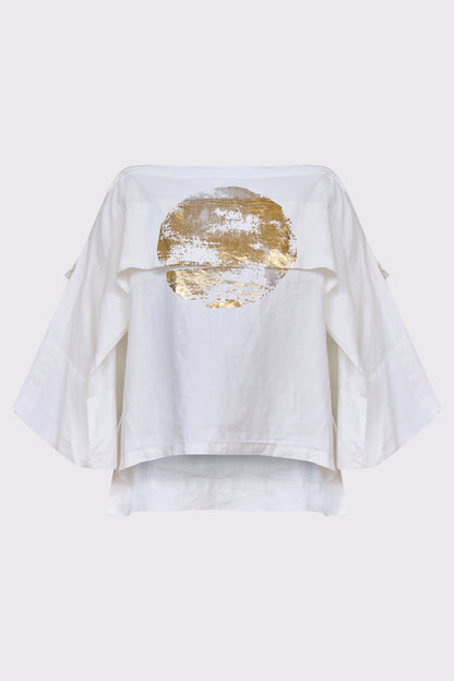 Bluse aus Lycra mit weitem Ausschnitt und Goldprint (DOB Bluse)