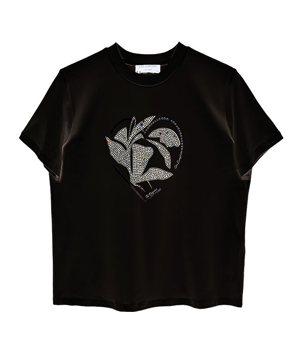 Cotton-elastane T-shirt with glitter stone motif (half sleeve, round neck)