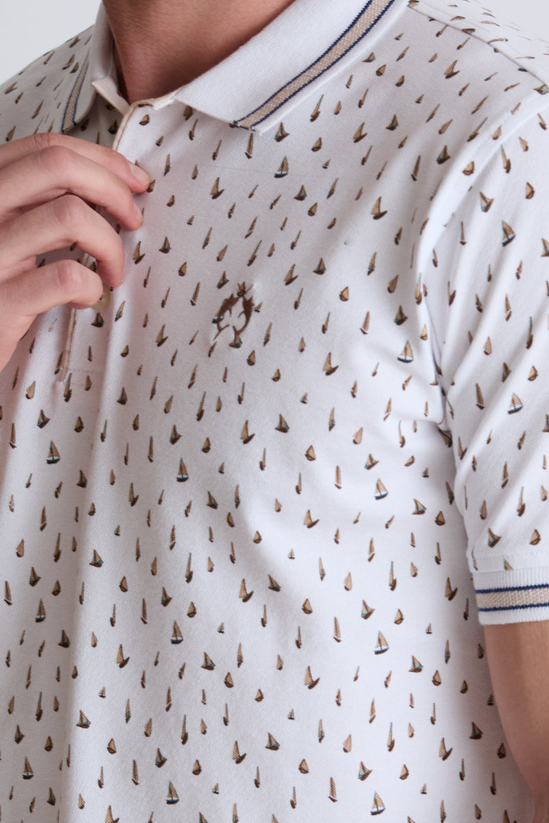 Cotton-elastane polo shirt with all-over print (short sleeve)