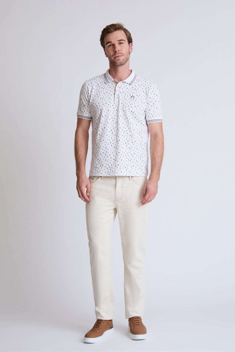 Cotton-elastane polo shirt with all-over print (short sleeve)