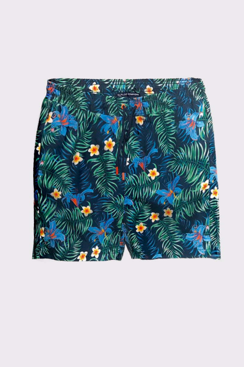 Polyester swim shorts with all-over print and drawstring