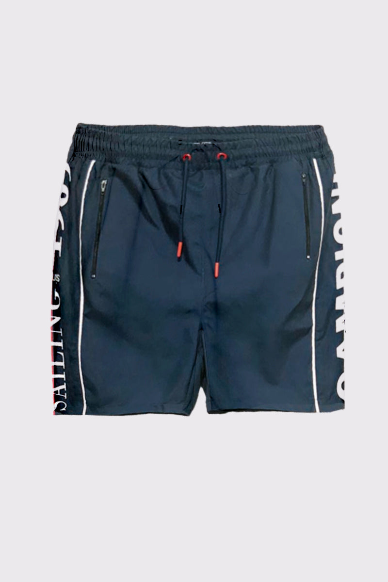 Swim shorts made from 100% polyester with zip pockets & side lettering