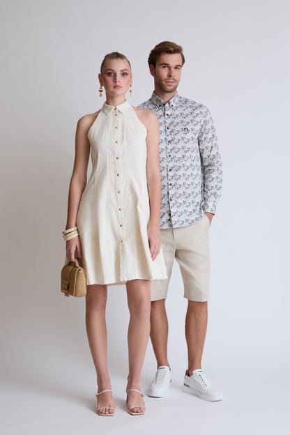 Linen-cotton Bermuda shorts with drawstring waist