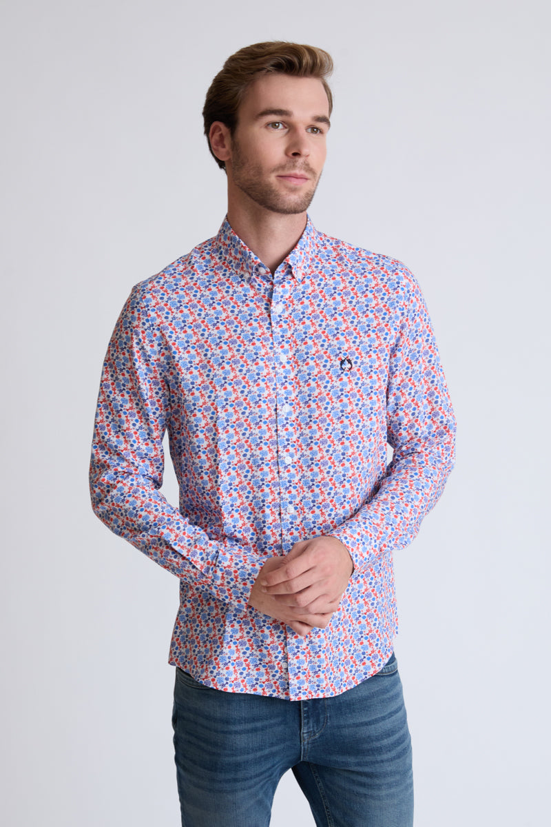 Printed Viscose Button-Down Shirt with All-Over Print (Long Sleeve)