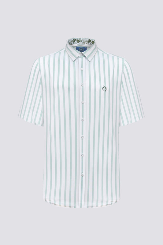 Short-Sleeve Button-Down Shirt with Stretch – Striped White/Light Green (Modern Fit)