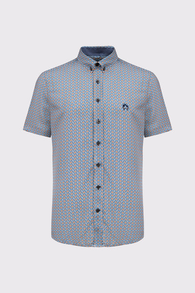 Short-sleeve viscose button-down shirt with micro-print
