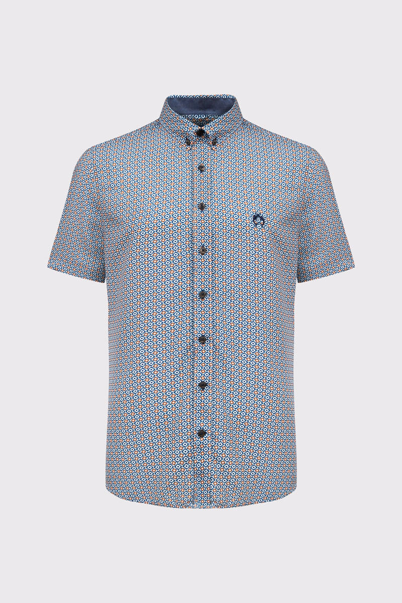 Short-sleeve viscose button-down shirt with micro-print