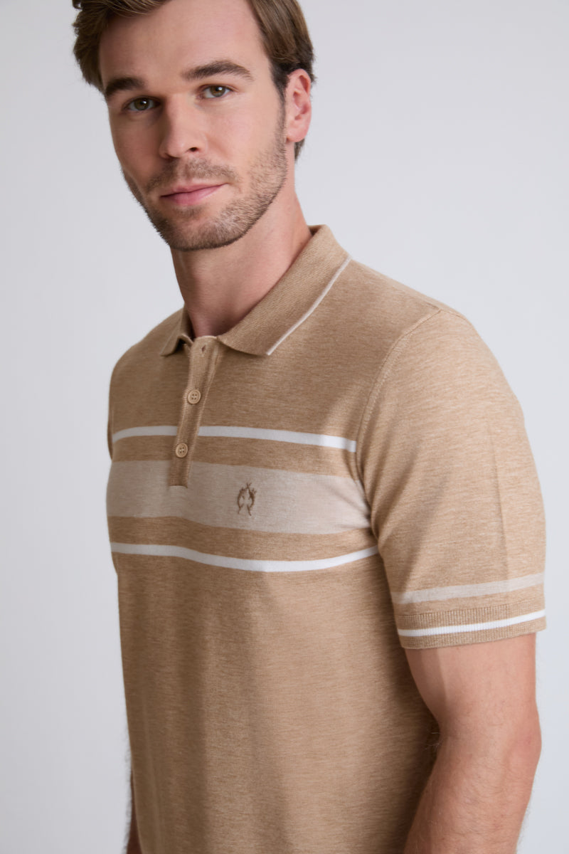 Claudio Campione Feinstrick-Polo mit Streifen-Detail – beige combi 1 #Farbe_40611 beige combi 1