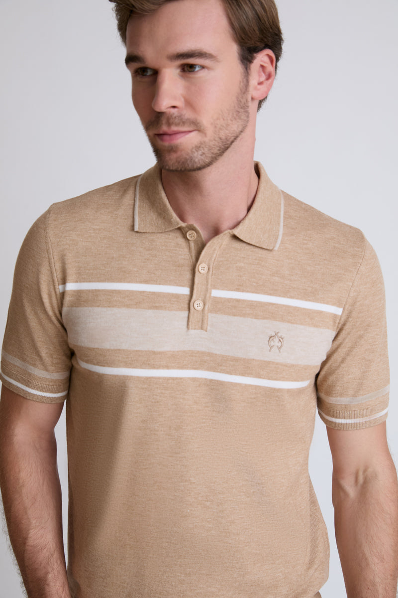 Claudio Campione Feinstrick-Polo mit Streifen-Detail – beige combi 1 #Farbe_40611 beige combi 1