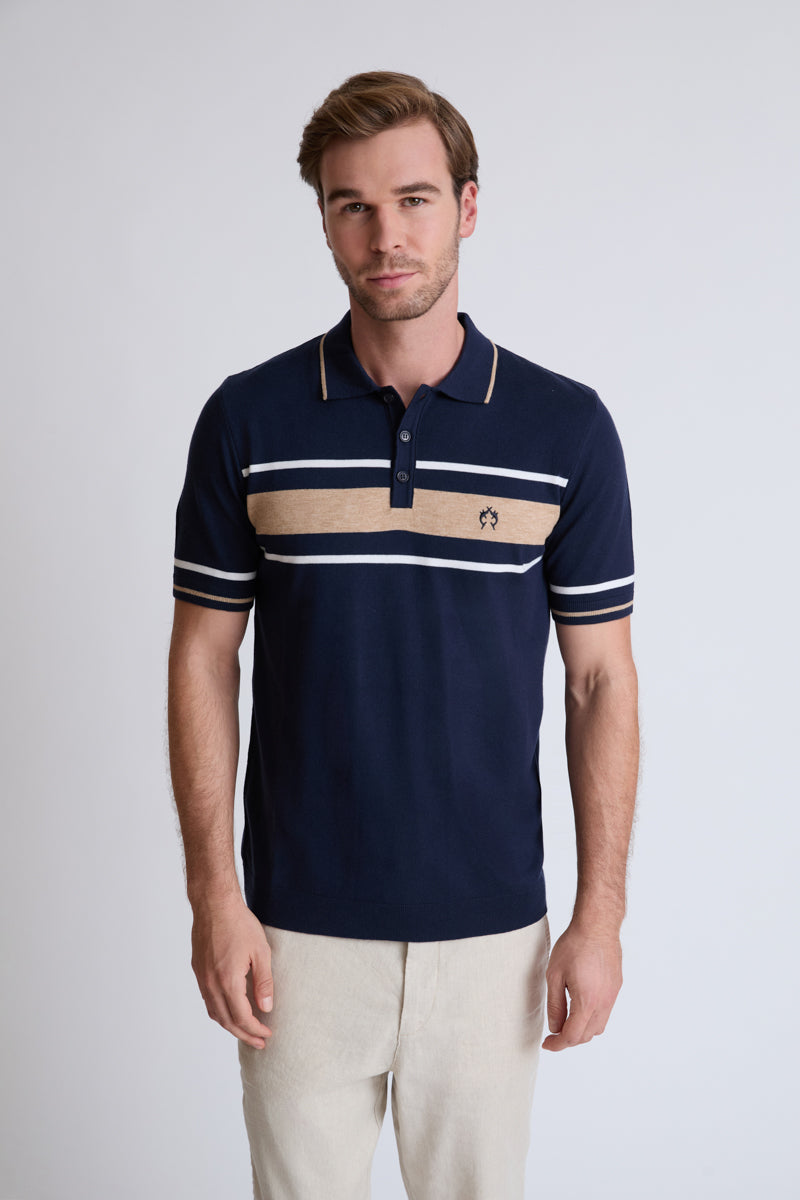 Claudio Campione Fine-Knit Polo with Stripe Detail