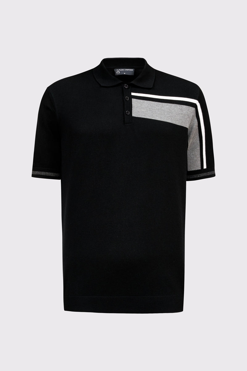 Men's Fine Knit Polo Shirt Viscose Blend – Modern with Graphic Panel