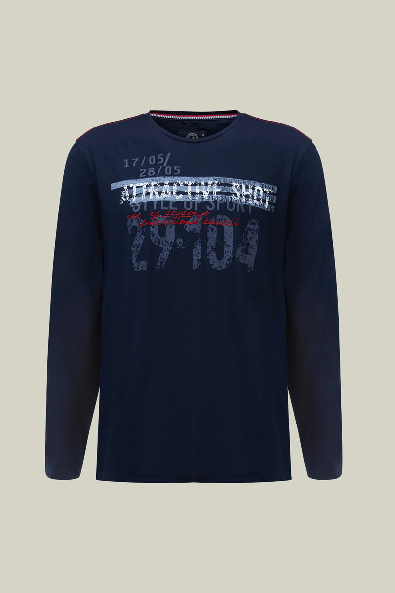 Herren-Langarmshirt mit Rundhals – Hochwertige Materialmischung, feine Stickerei und markante Ziernähte für einen maskulinen, zeitlosen Look.