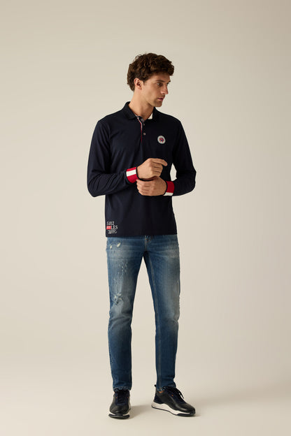 Men's navy polo shirt with long sleeves