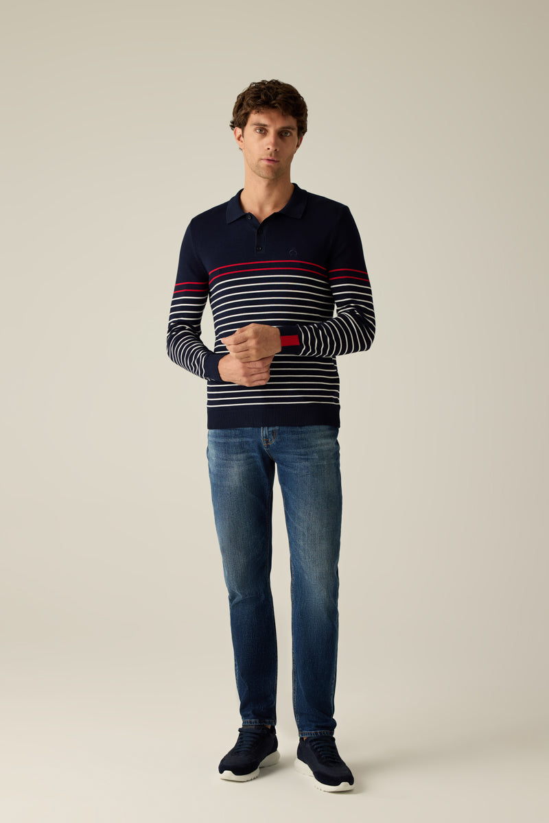 Men's knitted sweater with polo collar in navy and fine contrast stripes