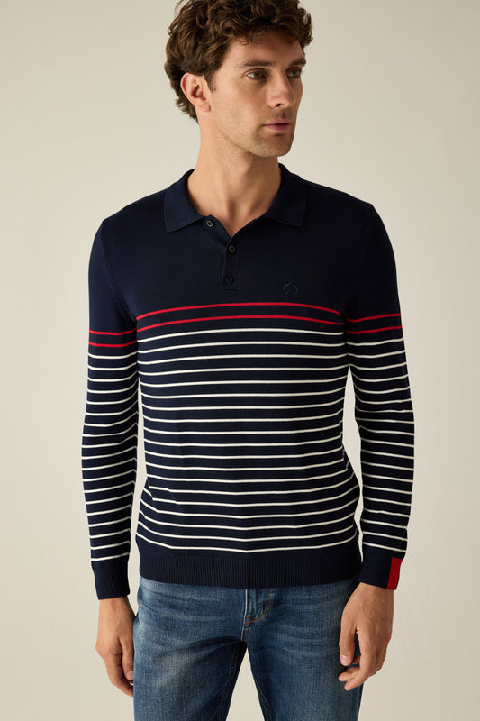Men's knitted sweater with polo collar in navy and fine contrast stripes