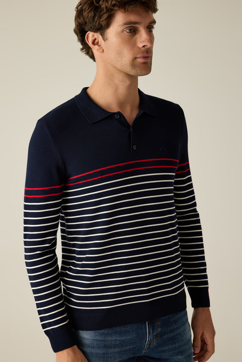 Men's knitted sweater with polo collar in navy and fine contrast stripes