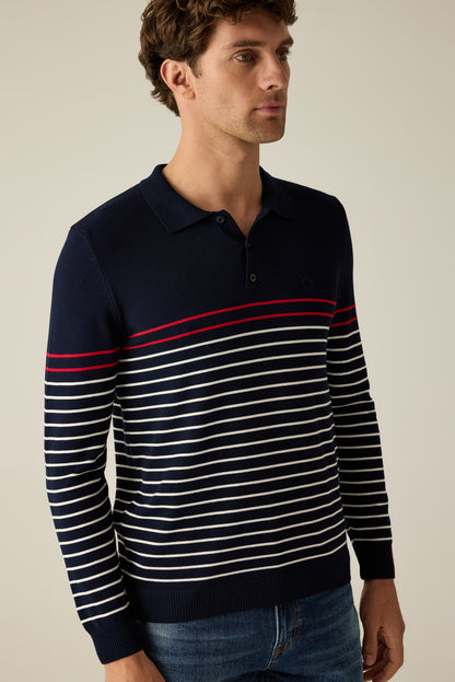 Men's knitted sweater with polo collar in navy and fine contrast stripes