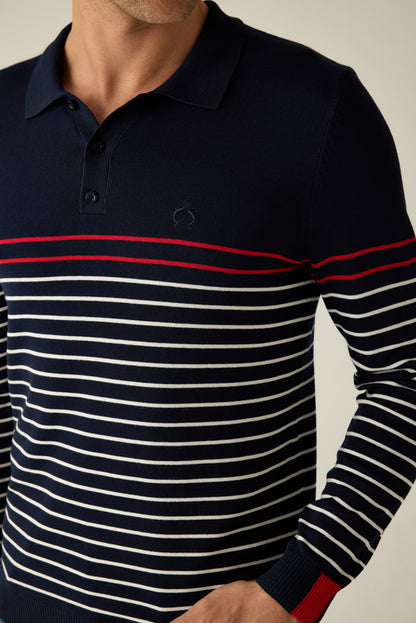 Men's knitted sweater with polo collar in navy and fine contrast stripes