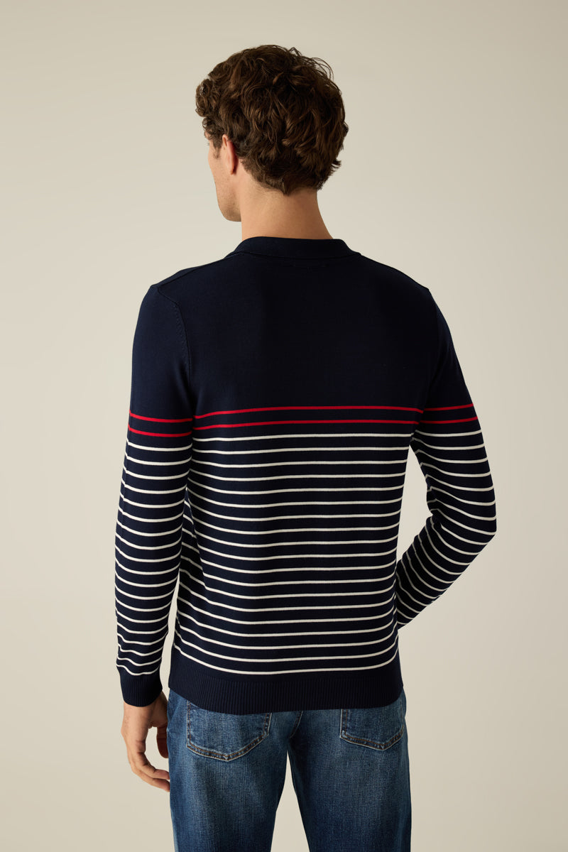 Men's knitted sweater with polo collar in navy and fine contrast stripes