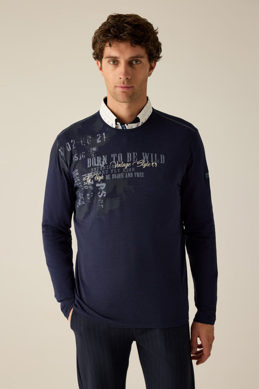 Herren Langarmshirt in Indigo mit Print „Born to be Wild“ – urban, frei, charakterstark