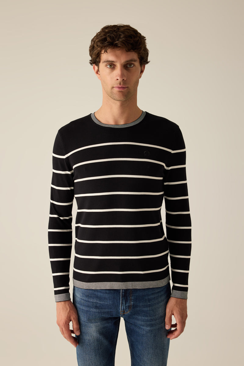 Herren-Rundhalspullover – Gestreift mit kontrastierendem Kragen, rmeln und Saum, maskulin und stilvoll.