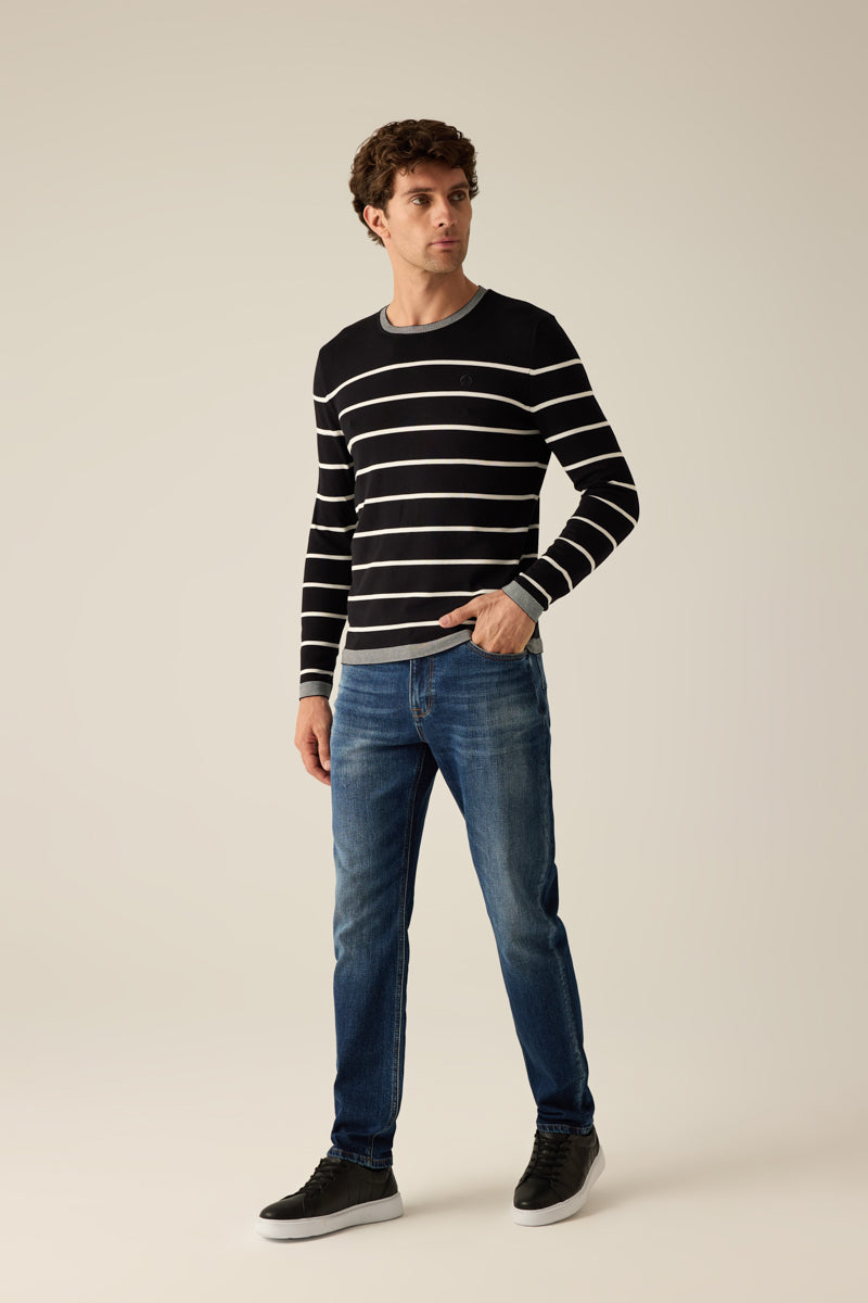 Herren-Rundhalspullover – Gestreift mit kontrastierendem Kragen, rmeln und Saum, maskulin und stilvoll.