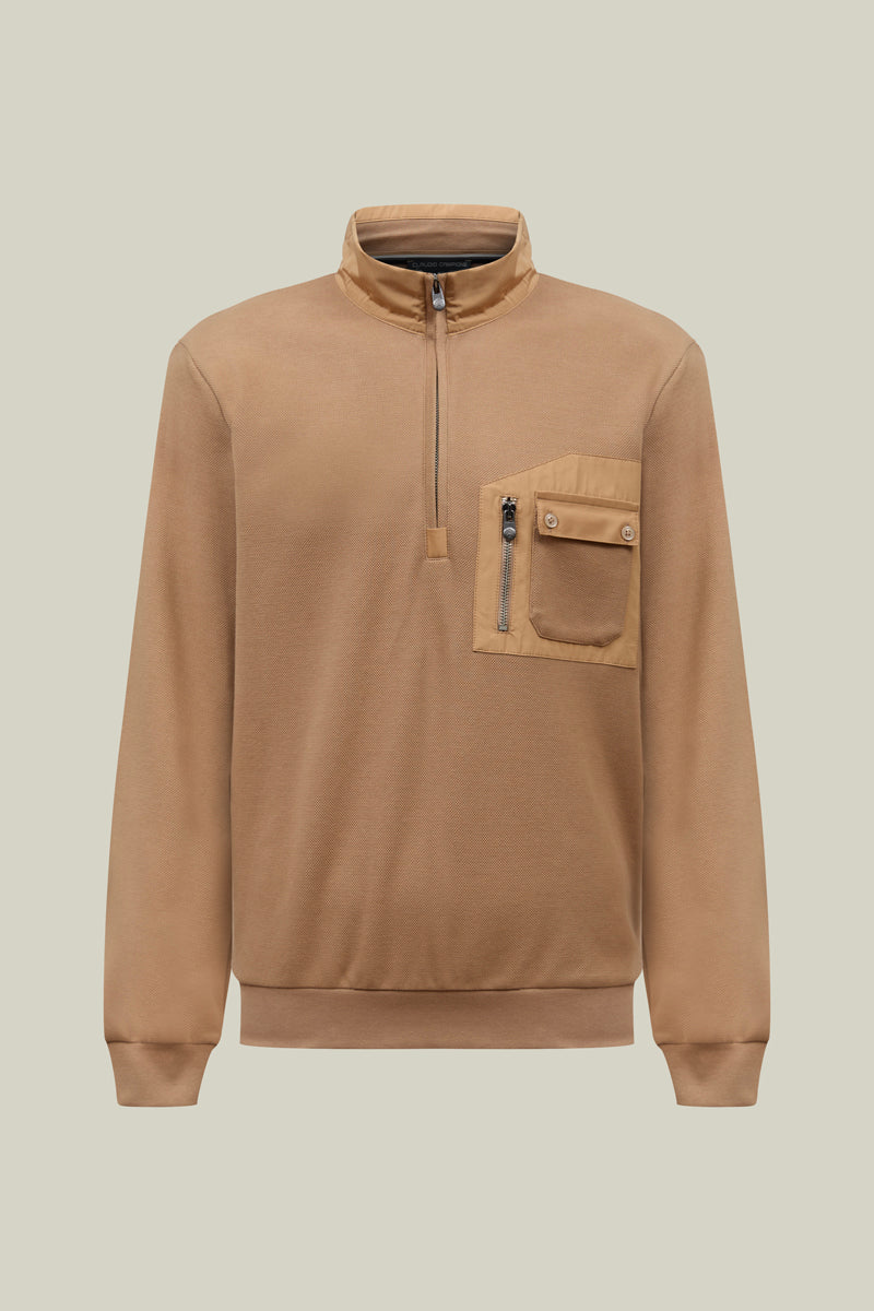 Maskulines Sweatshirt im Piqu -Strick mit Zipper – sportiv, edel und in Camel oder Schwarz erhältlich.