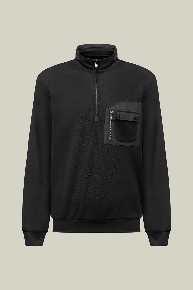 Maskulines Sweatshirt im Piqu -Strick mit Zipper – sportiv, edel und in Camel oder Schwarz erhältlich.