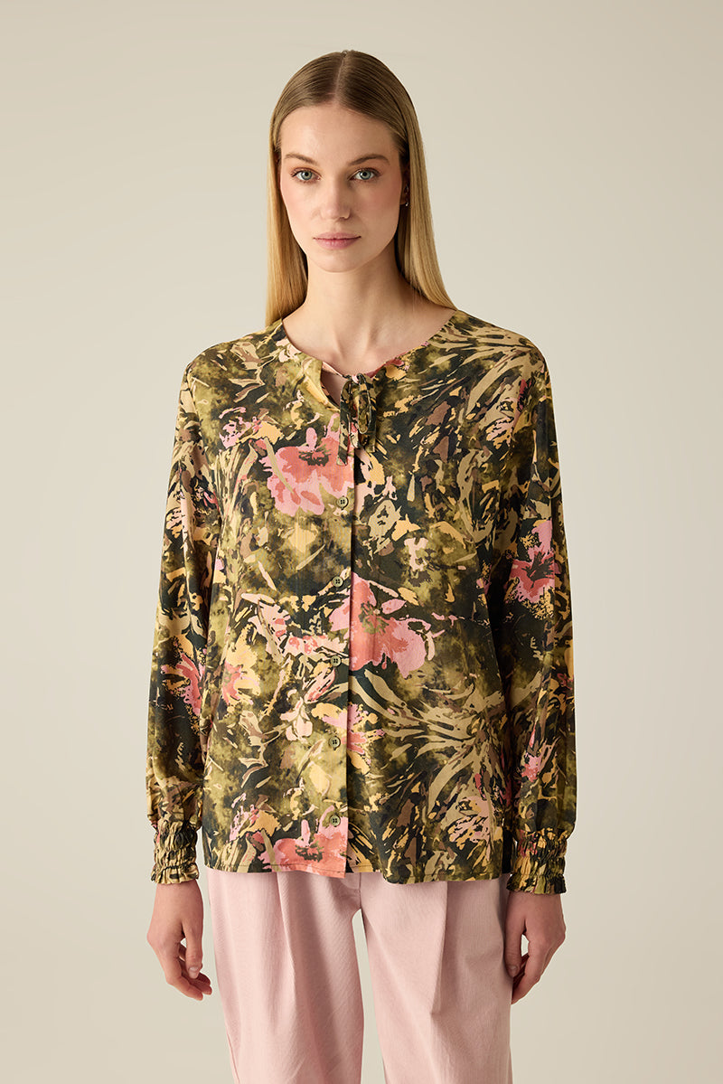 Damen Bluse mit Blumenmuster – Langarmshirt in Olive & Rosa