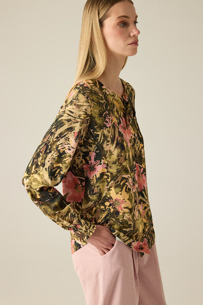 Damen Bluse mit Blumenmuster – Langarmshirt in Olive & Rosa