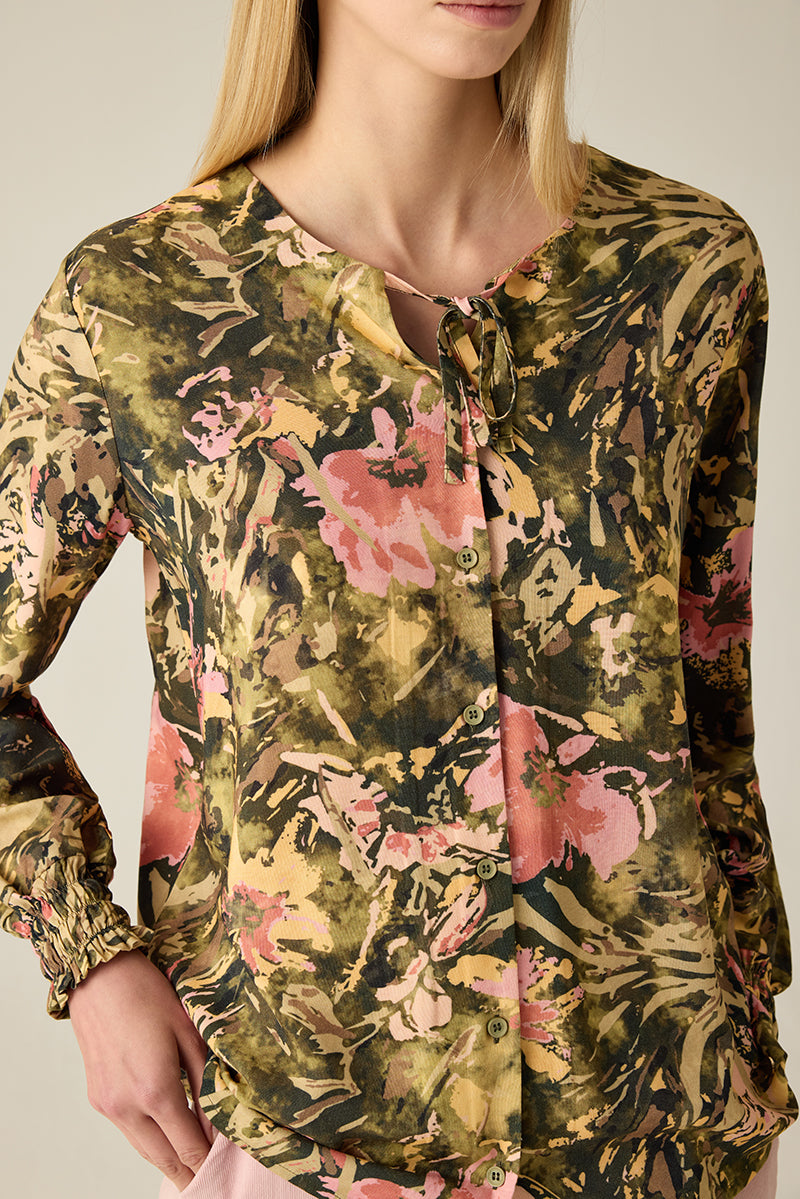 Damen Bluse mit Blumenmuster – Langarmshirt in Olive & Rosa