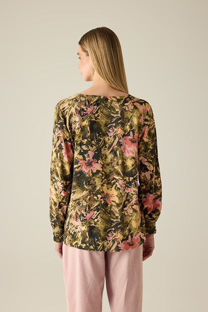 Damen Bluse mit Blumenmuster – Langarmshirt in Olive & Rosa