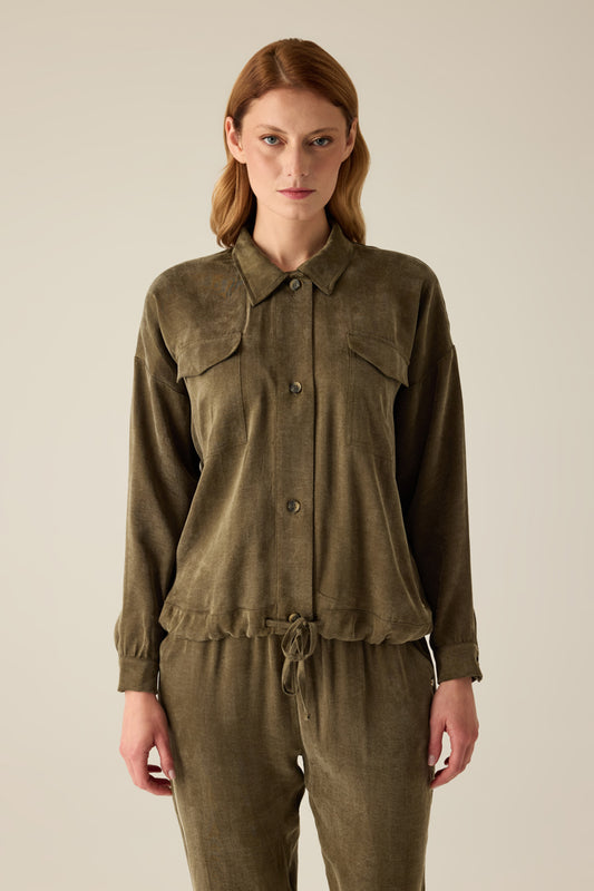 Damen elegante Bluse Khaki mit Knopfleiste