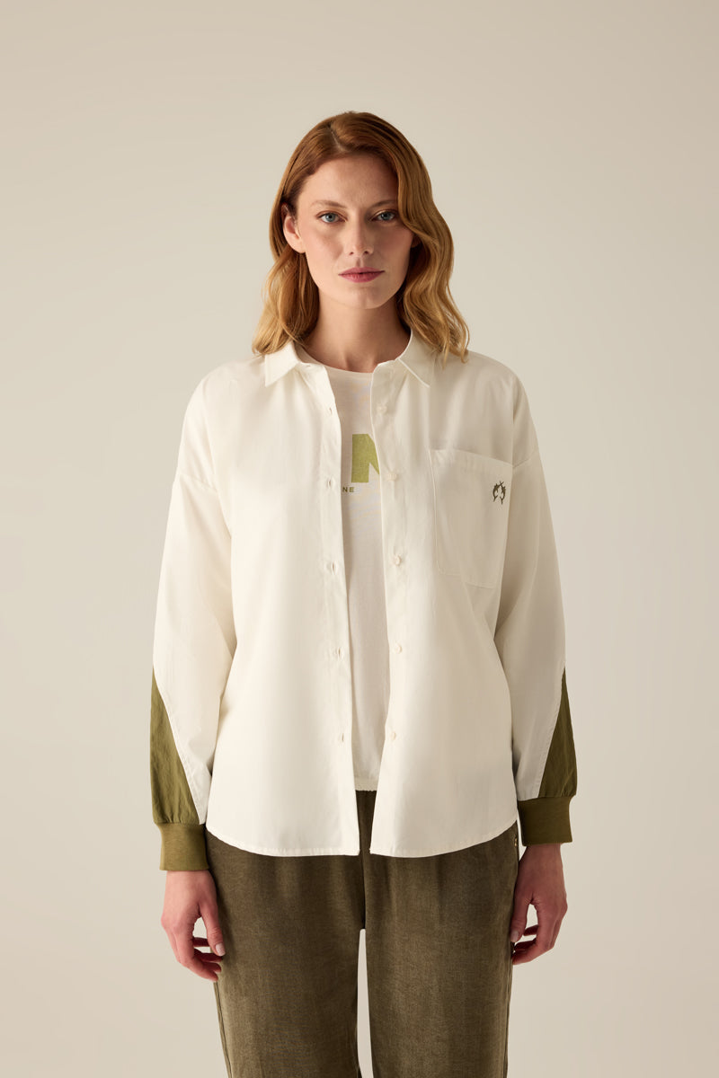 Damen Hemdbluse Zweifarbig – Creme & Khaki